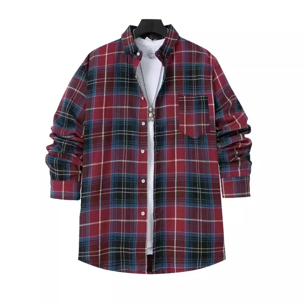 Men’s Checked Shirt – Oversized Fit – Cotton – Long Sleeve – Chest Pocket