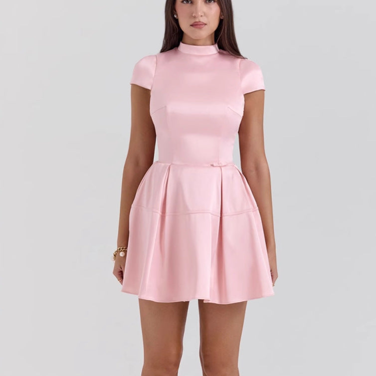 Women’s Mini Dress – Satin Look – High Neck – Sleeveless A-Line – Pleated Skirt