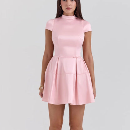Women’s Mini Dress – Satin Look – High Neck – Sleeveless A-Line – Pleated Skirt