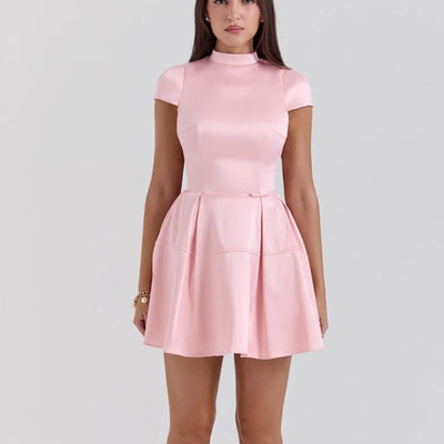 Women’s Mini Dress – Satin Look – High Neck – Sleeveless A-Line – Pleated Skirt
