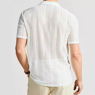 Men’s Short-Sleeved Shirt – Relaxed Fit – Lightweight Knit – Lace Openwork Button Down
