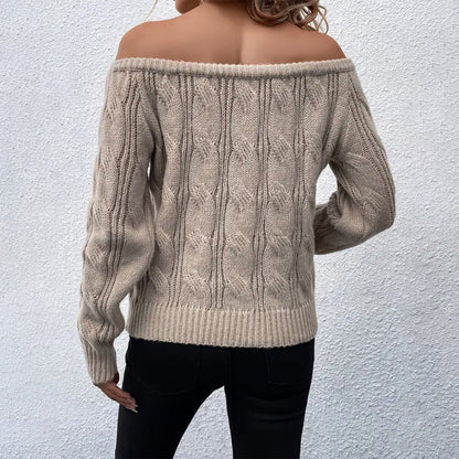 Women’s Sweater – Off Shoulder – Cable Knit – Relaxed Fit – Ribbed Hem & Cuffs