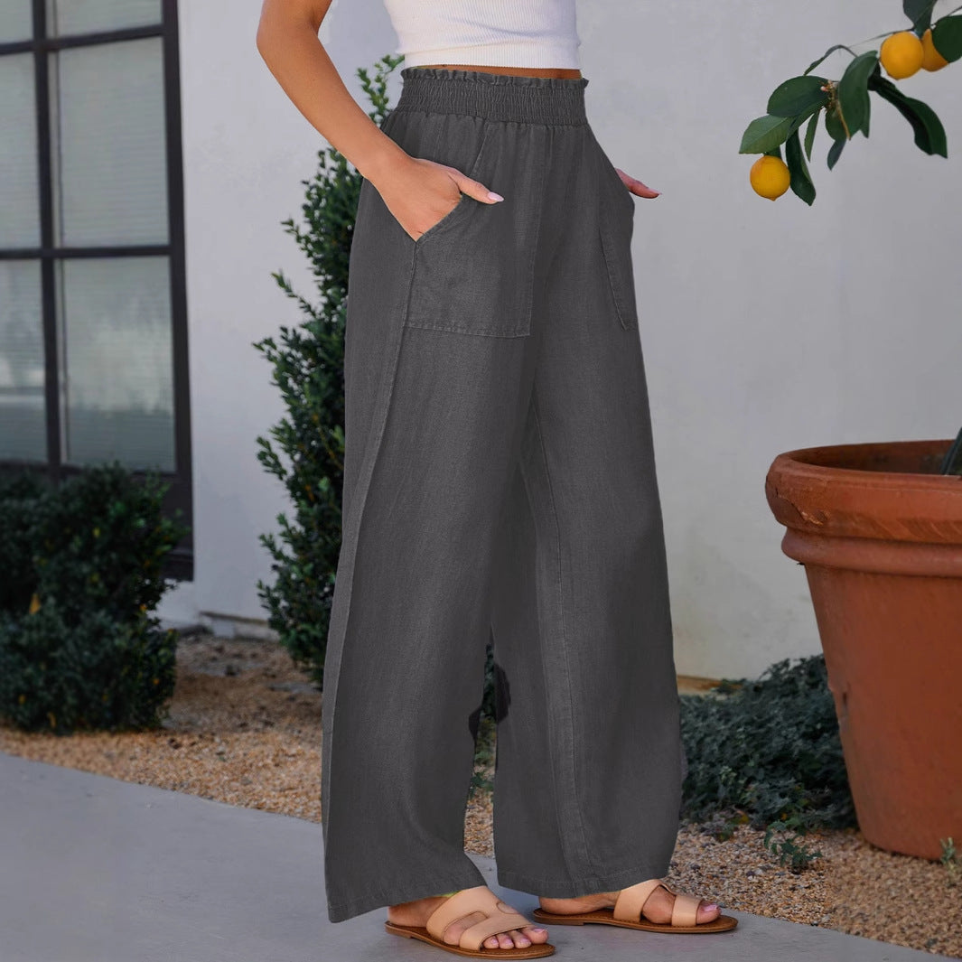 Women’s Wide-Leg Denim Trousers – Relaxed Fit – Elastic Waist – Full Length – Casual Style
