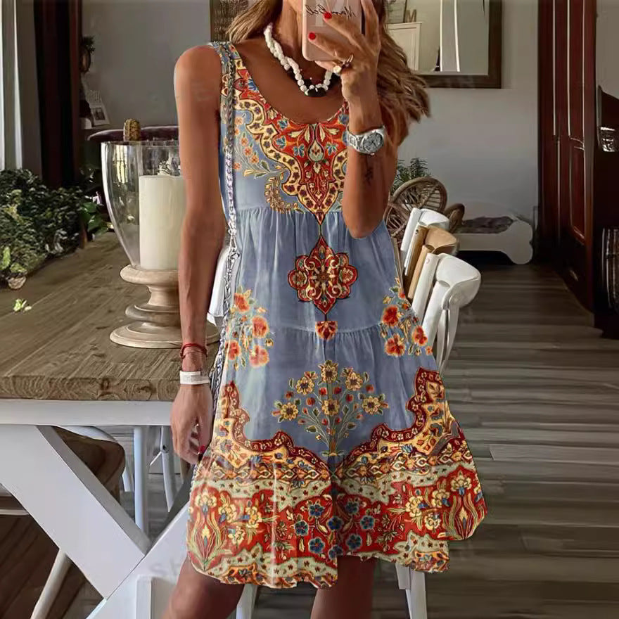 Women’s Casual Dress – Flowy Fit – Sleeveless Scoop Neck – Tiered – Ornamental Print