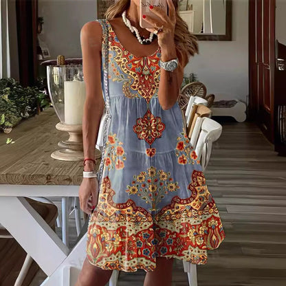 Women’s Casual Dress – Flowy Fit – Sleeveless Scoop Neck – Tiered – Ornamental Print