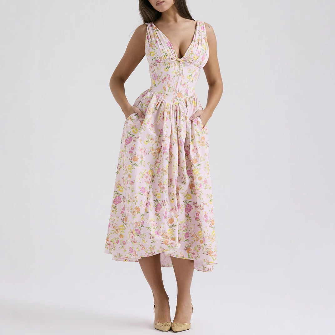 Women’s Midi Dress – Sleeveless V-Neck – A-Line Fit – Floral Print – Lightweight Fabric