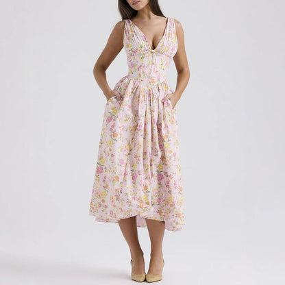 Women’s Midi Dress – Sleeveless V-Neck – A-Line Fit – Floral Print – Lightweight Fabric