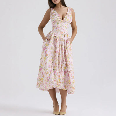 Women’s Midi Dress – Sleeveless V-Neck – A-Line Fit – Floral Print – Lightweight Fabric