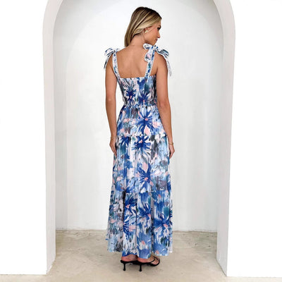Women’s Maxi Dress – Shirred Bodice – Adjustable Tie Straps – Tiered A-Line Skirt – Floral Print