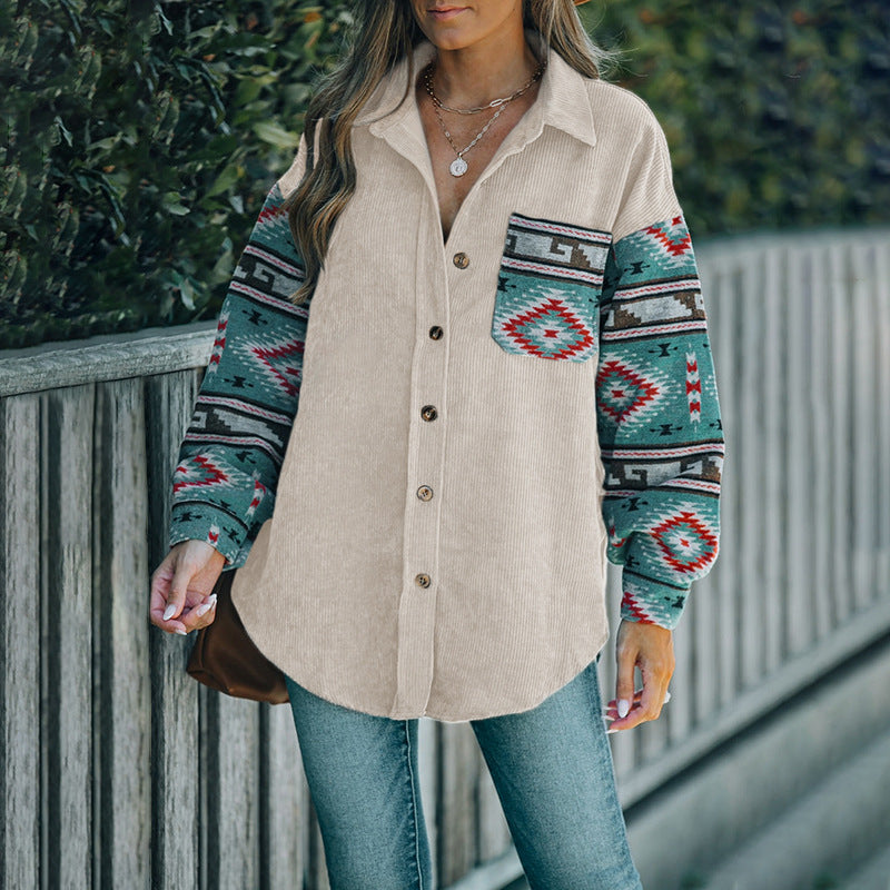 Women’s Corduroy Shirt – Relaxed Fit – Printed Sleeves – Button-Down Casual Style