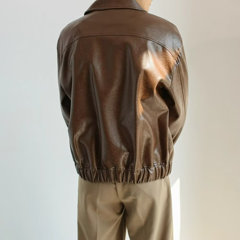 Men’s Leather Jacket – Oversized Cropped Fit – Zip Front – Street Style Casual