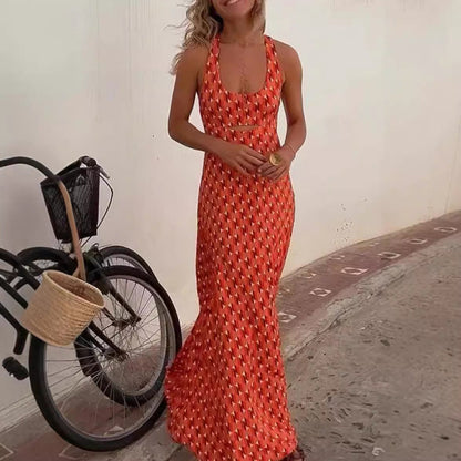 Women’s Long Dress – Slim Fit Halter Neck – Cut-Out Detail – Geometric Print – Breathable Fabric
