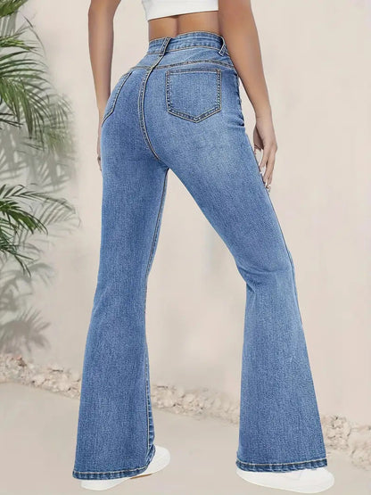 Women’s Flared Denim Trousers – High Waist – Stretch Fit – Full Length Retro Style