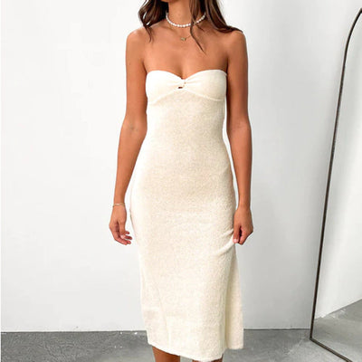 Women’s Strapless Knit Dress – Slim Fit – Open Back Twist Detail – Full Length