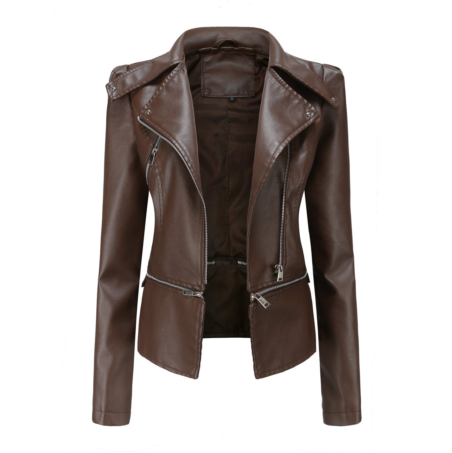 Women's leather motorcycle jacket with zipper