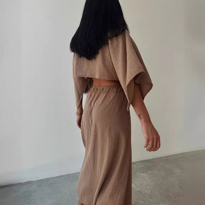 Women’s Maxi Dress – Cotton Linen Blend – Slim Fit – V-Neck – High Slit – Cut-Out Waist