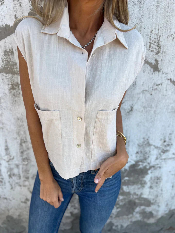 Women’s Sleeveless Top – Relaxed Fit – Button-Up Front – Natural Fibers – Collared Style