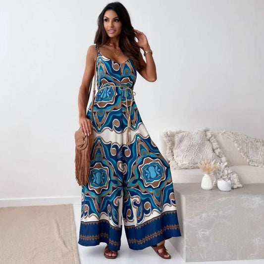 Women’s Jumpsuit – Wide Leg – V-Neck – Spaghetti Straps – Belted Waist – Bold Print