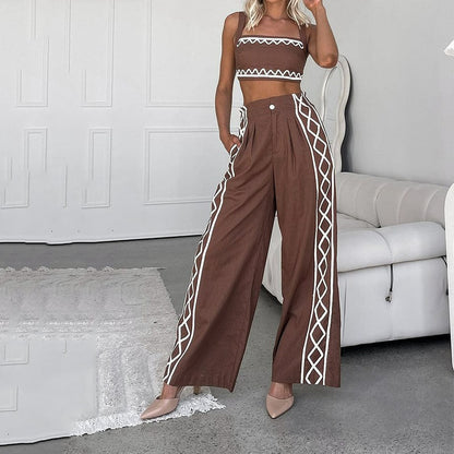 Women’s Two-Piece Set – Asymmetrical Crop Top – High-Waisted Wide-Leg Pleated Pants