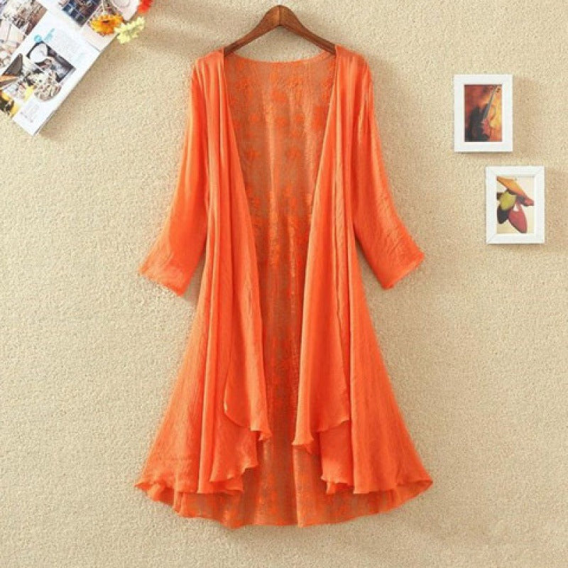Women’s Mid-Length Cardigan – Lace Back – Open Front – Loose Fit – Breathable Blend