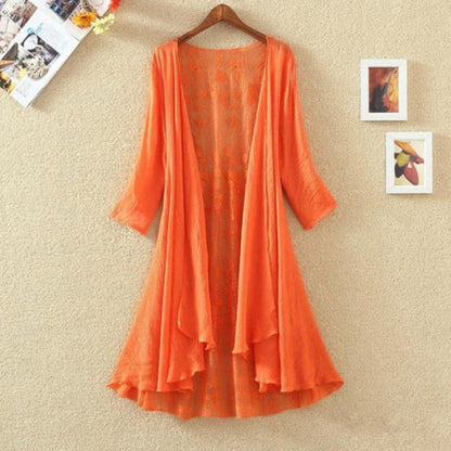 Women’s Mid-Length Cardigan – Lace Back – Open Front – Loose Fit – Breathable Blend