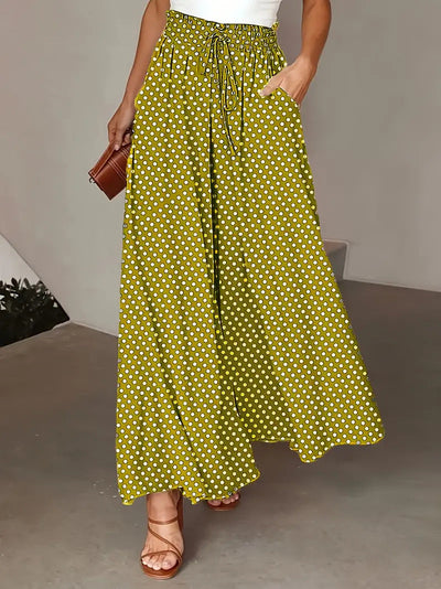 Women’s Wide-Leg Trousers – Flowy Fit – Polka Dot – Drawstring Waist – Breathable Fabric