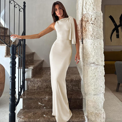 Women’s One-Shoulder Dress – Slim Fit – Satin Feel – Draped Floor-Length Evening Wear