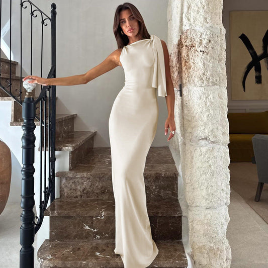 Women’s One-Shoulder Dress – Slim Fit – Satin Feel – Draped Floor-Length Evening Wear