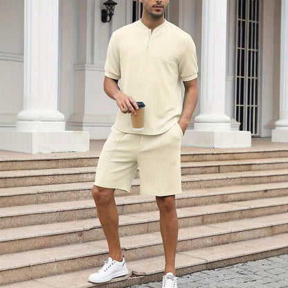 Men’s Zip-Up Top and Shorts Set – Waffle Knit – Relaxed Fit – Breathable Casual Wear