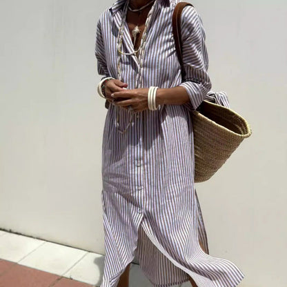 Women’s Shirt Dress – Relaxed Fit – Midi Length – Button Down – Striped
