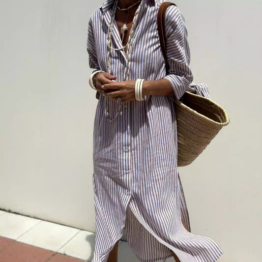 Women’s Shirt Dress – Relaxed Fit – Midi Length – Button Down – Striped