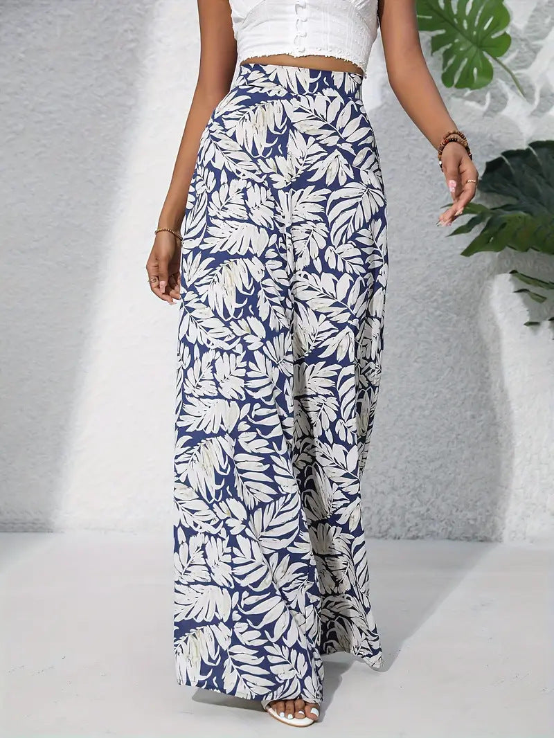Women’s Wide-Leg Trousers – High Waist – Lightweight Fabric – Floral Print – Full Length