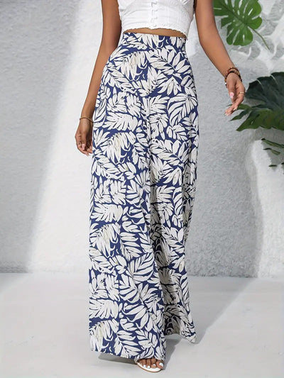Women’s Wide-Leg Trousers – High Waist – Lightweight Fabric – Floral Print – Full Length