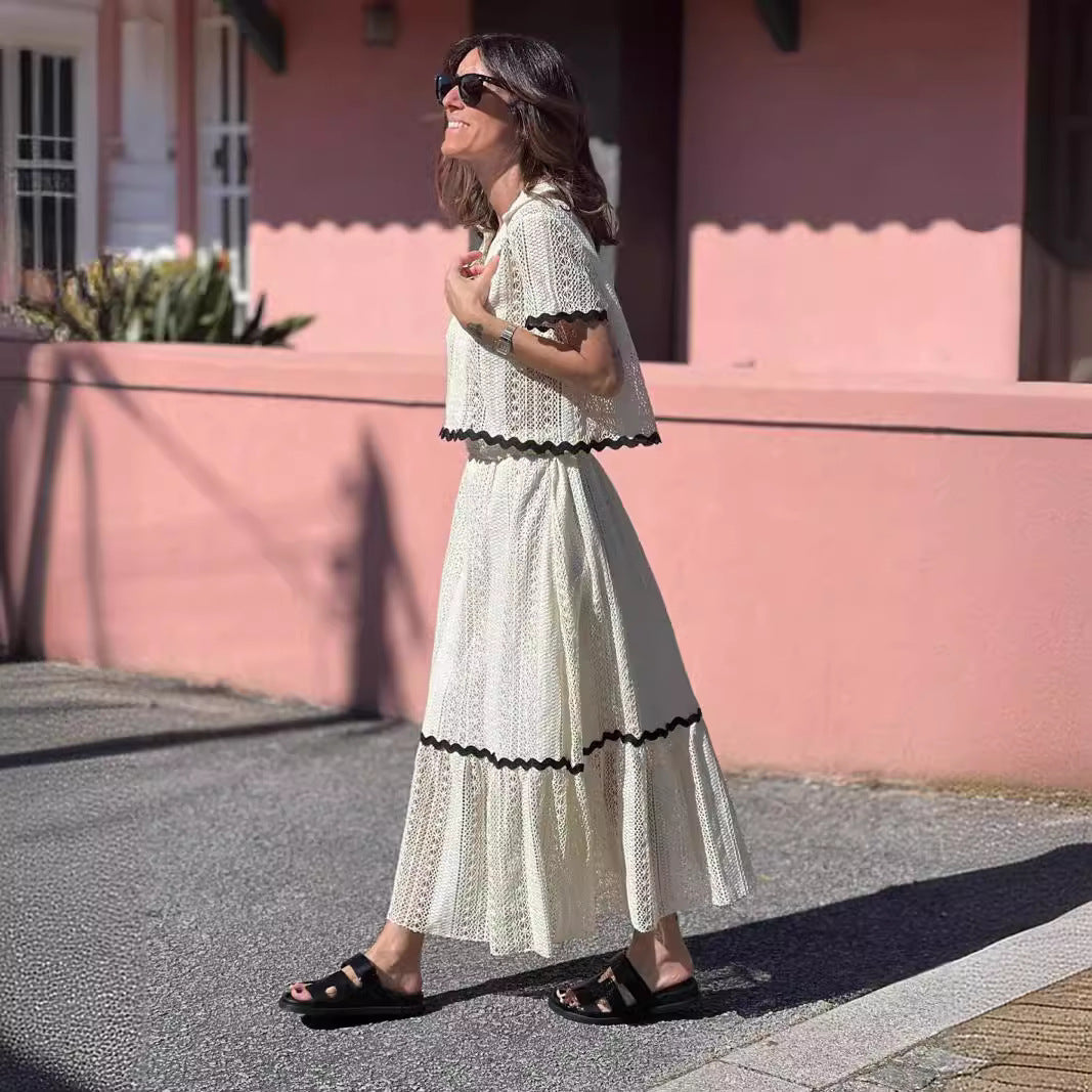 Women’s Skirt Set – Cotton Blend – Lace Trim – Relaxed Fit – Short Sleeve Top – Full-Length A-Line Skirt