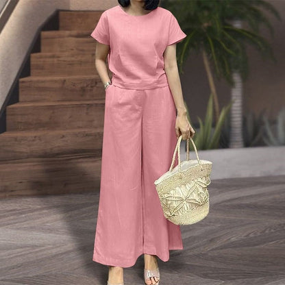 Women’s Two-Piece Set – Relaxed Fit – Soft Knit – Crew Neck Top – Wide-Leg Trousers