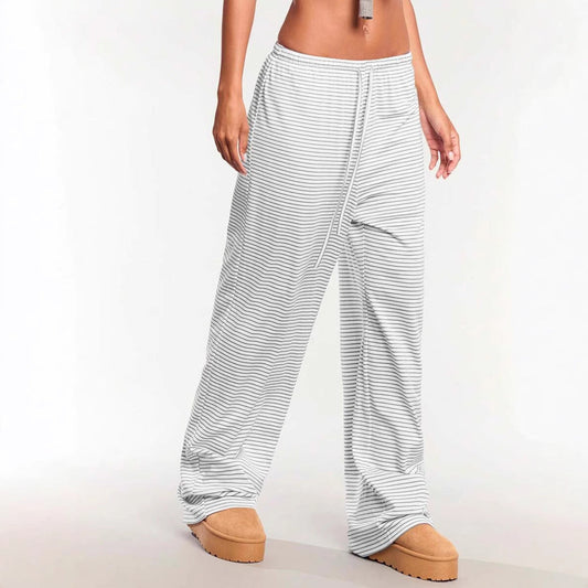 Women’s Casual Pants – Cotton Blend – Relaxed Fit – Drawstring Waist – Striped Straight Leg