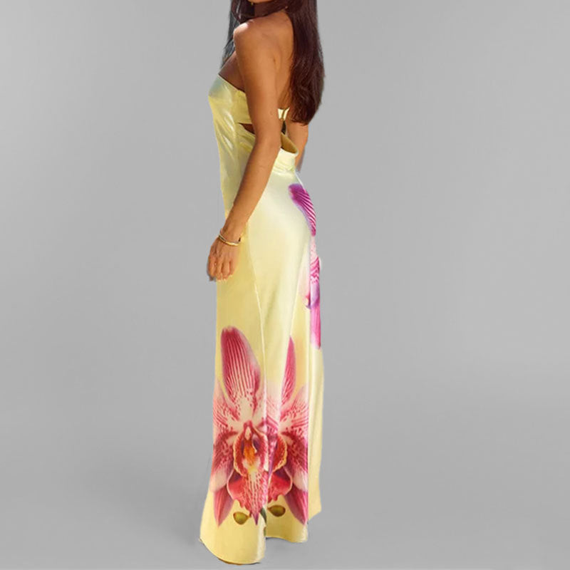 Women’s Maxi Dress – Strapless – Slim Fit – Floral Print – Lightweight Elegant Fabric