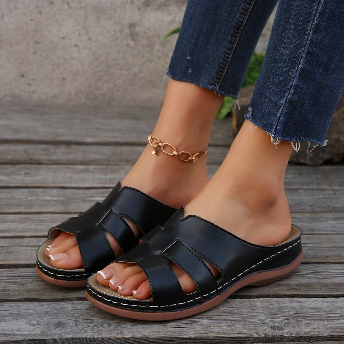 Women’s Wedge Slide Sandals – Faux Leather – Open Toe – Cut-Out – Casual Comfort