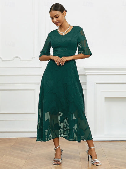 Women’s Maxi Dress – Lace Overlay – V-Neck – Flutter Sleeve – Elegant Fit