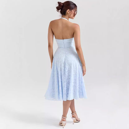 Women’s Halter Midi Dress – Slim Fit – Satin Finish – Deep V-Neck – A-Line Shape