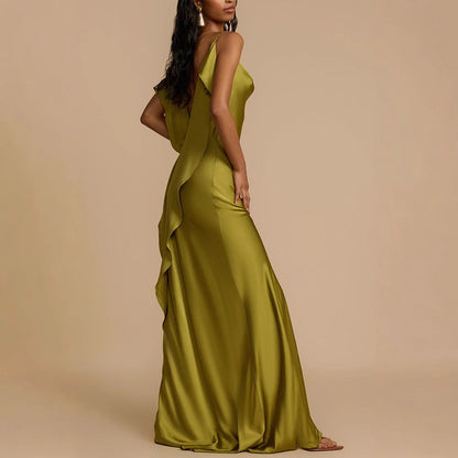 Women’s Slip Dress – Satin Finish – Cowl Neck – Spaghetti Straps – Side Slit – Full Length
