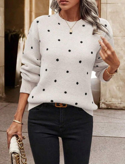 Women’s Pullover Sweater – Soft Knit Wool Blend – Relaxed Fit – Polka Dot – Round Neck