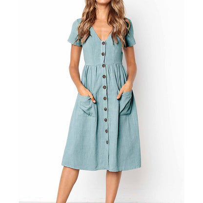 Women’s A-Line Dress – Button Front – Short Sleeve – Breathable Blend – Midi Length