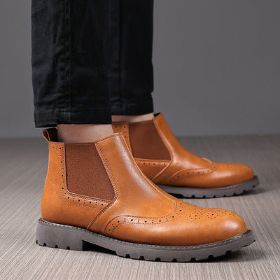 Men’s Chelsea Boots – Polished Leather – Brogue Detailing – Slip-On Ankle Fit