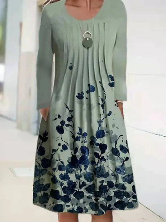 Women’s Casual Dress – A-Line Fit – Cotton Blend – Long Sleeve – Floral Print – Midi Length – Pockets