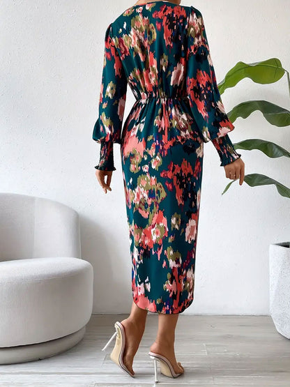 Women's Midi Dress – Long Sleeve Wrap Style – V-Neck – Abstract Floral Print