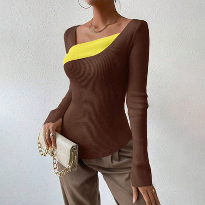 Women’s Knit Top – Slim Fit – Ribbed Texture – Asymmetric Neckline – Long Sleeve