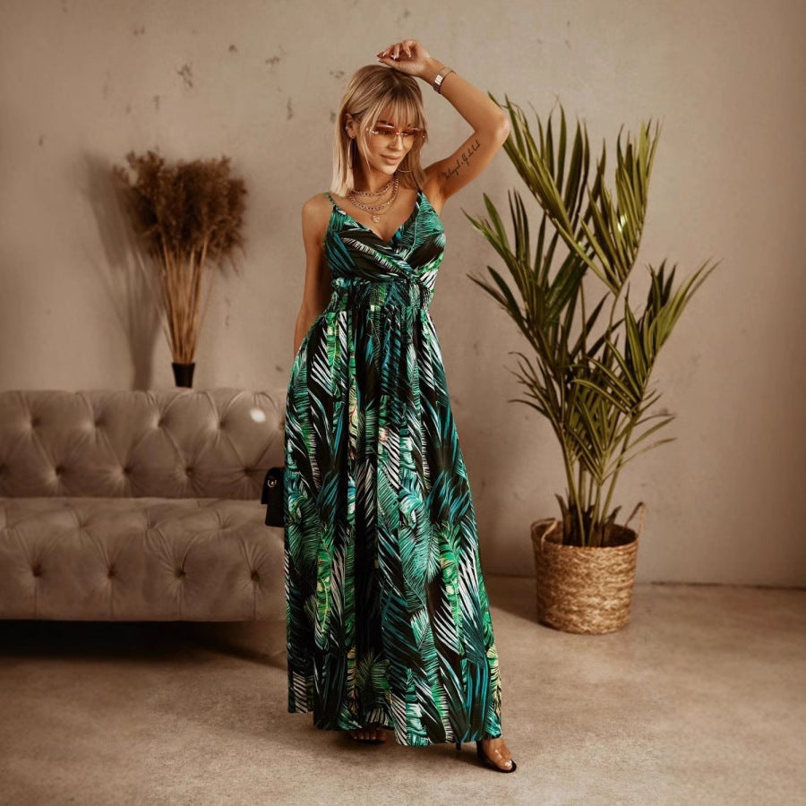 Women’s Maxi Dress – V-Neck Crossover – Floral Print – Adjustable Straps – Fitted Waist