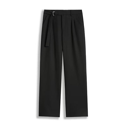 Unisex Straight-Leg Trousers – Ice Silk Blend – Relaxed Fit – Belted Waist – Full Length