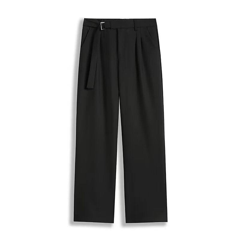 Unisex Straight-Leg Trousers – Ice Silk Blend – Relaxed Fit – Belted Waist – Full Length